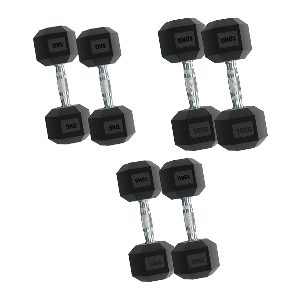 Premium Rubber Hex Dumbbell Set – 3 Pairs (2.5kg–15kg) with Optional 3 Tier Rack – Anti-Roll Weights & Chrome Grip for Compact Home Gym Strength Training