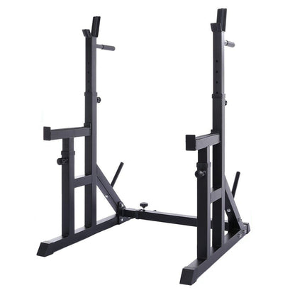 Adjustable Heavy-Duty Squat & Bench Press Rack Stand – Reinforced Steel, Spotter Arms & Dip Bars – Strength Training for Home Gym Spaces