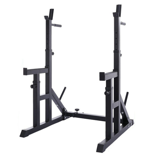 Adjustable Heavy-Duty Squat & Bench Press Rack Stand – Reinforced Steel, Spotter Arms & Dip Bars – Strength Training for Home Gym Spaces