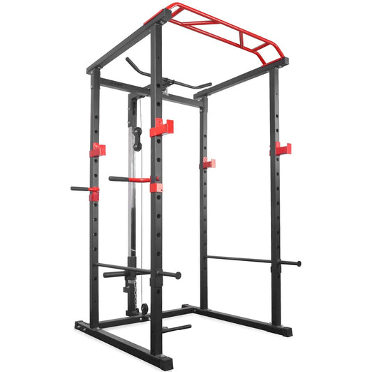 Adjustable Steel Power Cage with Cable Pulley System, Multi-Grip Pull-Up & Dip Bar – Heavy Duty Home Gym Rack
