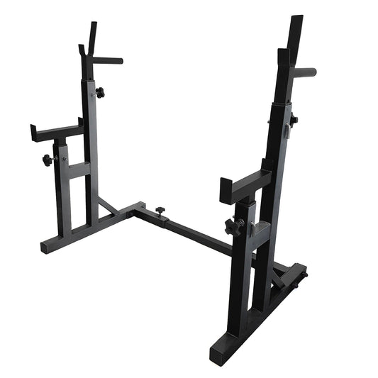 Adjustable Heavy-Duty Squat & Bench Press Rack Stand – Reinforced Steel, Spotter Arms & Dip Bars – Strength Training for Home Gym Spaces