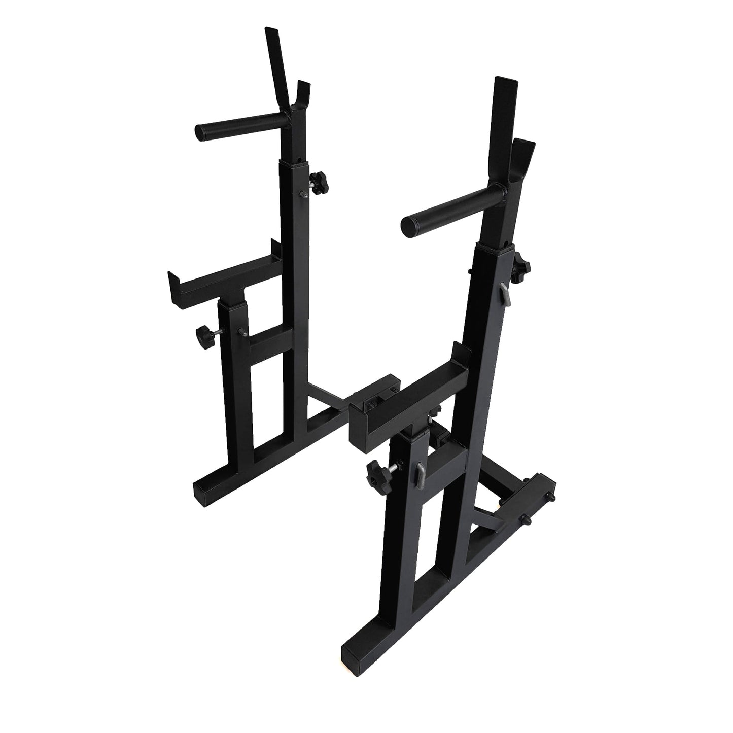 Adjustable Heavy-Duty Squat & Bench Press Rack Stand – Reinforced Steel, Spotter Arms & Dip Bars – Strength Training for Home Gym Spaces