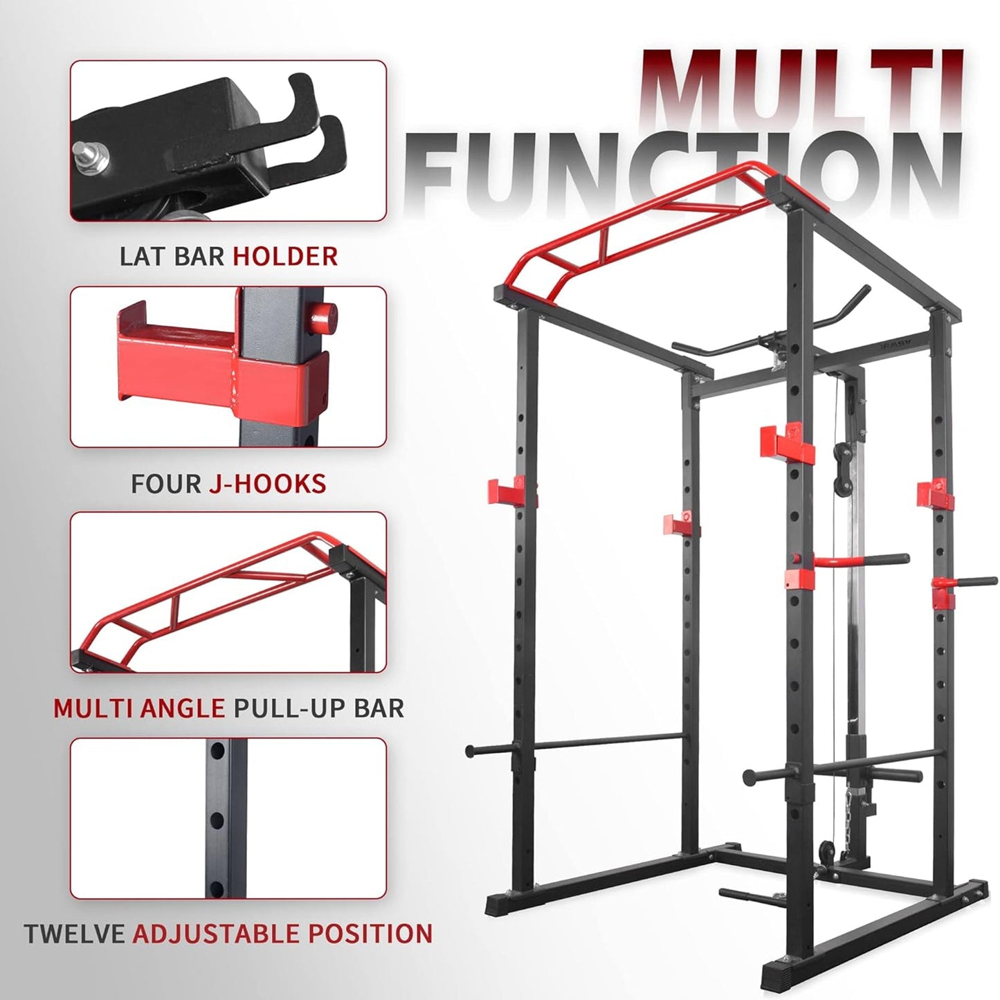 Adjustable Steel Power Cage with Cable Pulley System, Multi-Grip Pull-Up & Dip Bar – Heavy Duty Home Gym Rack