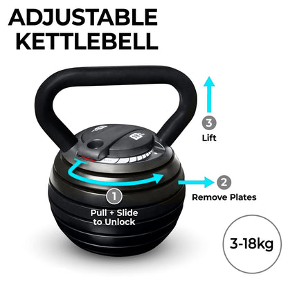 Adjustable Cast‑Iron Kettlebell 3.4–18 kg, Quick‑Lock – Home Gym Strength & Endurance
