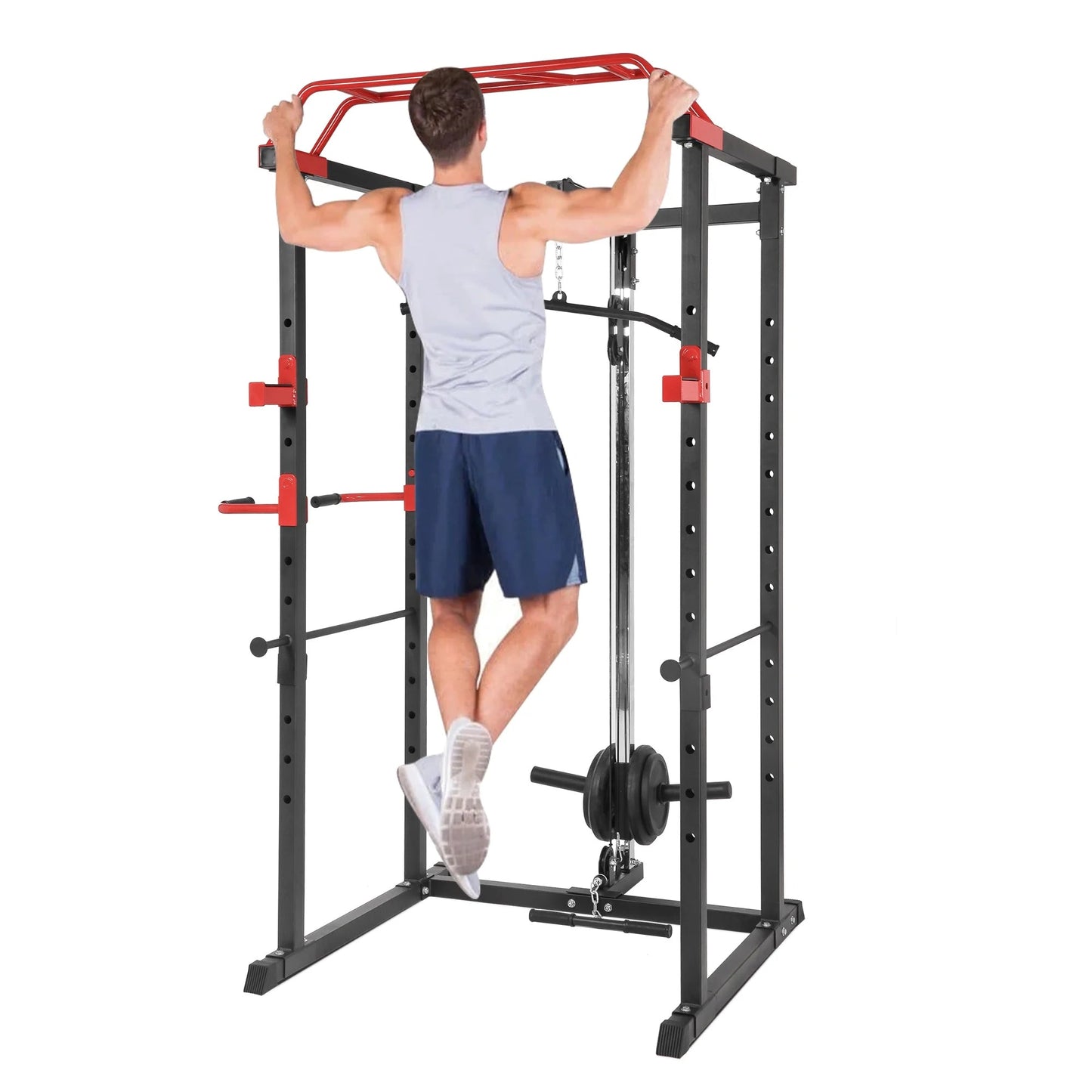 Adjustable Steel Power Cage with Cable Pulley System, Multi-Grip Pull-Up & Dip Bar – Heavy Duty Home Gym Rack