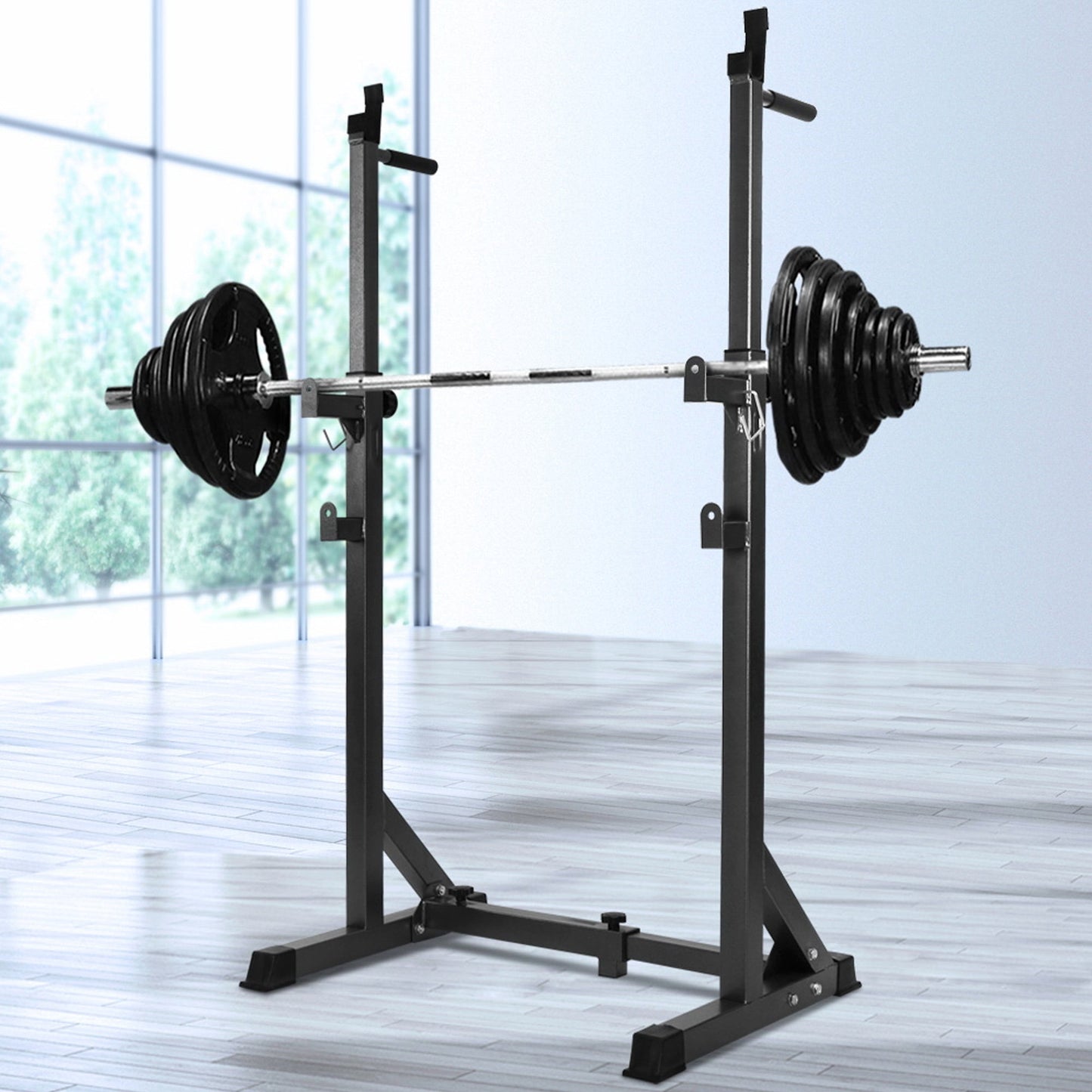 Heavy‑Duty Half Squat Rack – Adjustable Height & Width with Dip Station & Spotter Arms, 200 kg Load for Home Gym Strength Training
