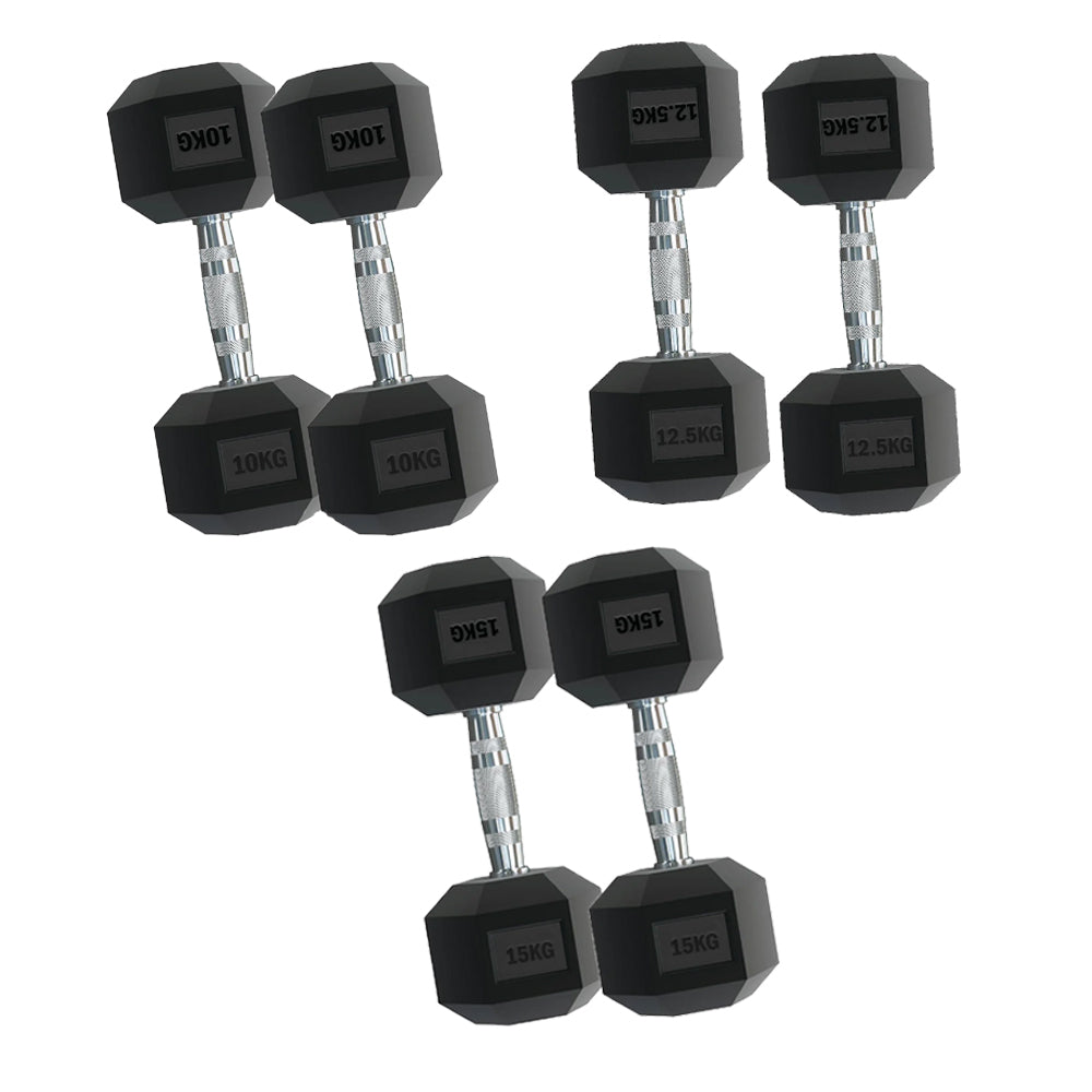 Premium Rubber Hex Dumbbell Set – 3 Pairs (2.5kg–15kg) with Optional 3 Tier Rack – Anti-Roll Weights & Chrome Grip for Compact Home Gym Strength Training