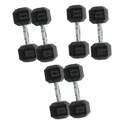 Premium Rubber Hex Dumbbell Set – 3 Pairs (2.5kg–15kg) with Optional 3 Tier Rack – Anti-Roll Weights & Chrome Grip for Compact Home Gym Strength Training