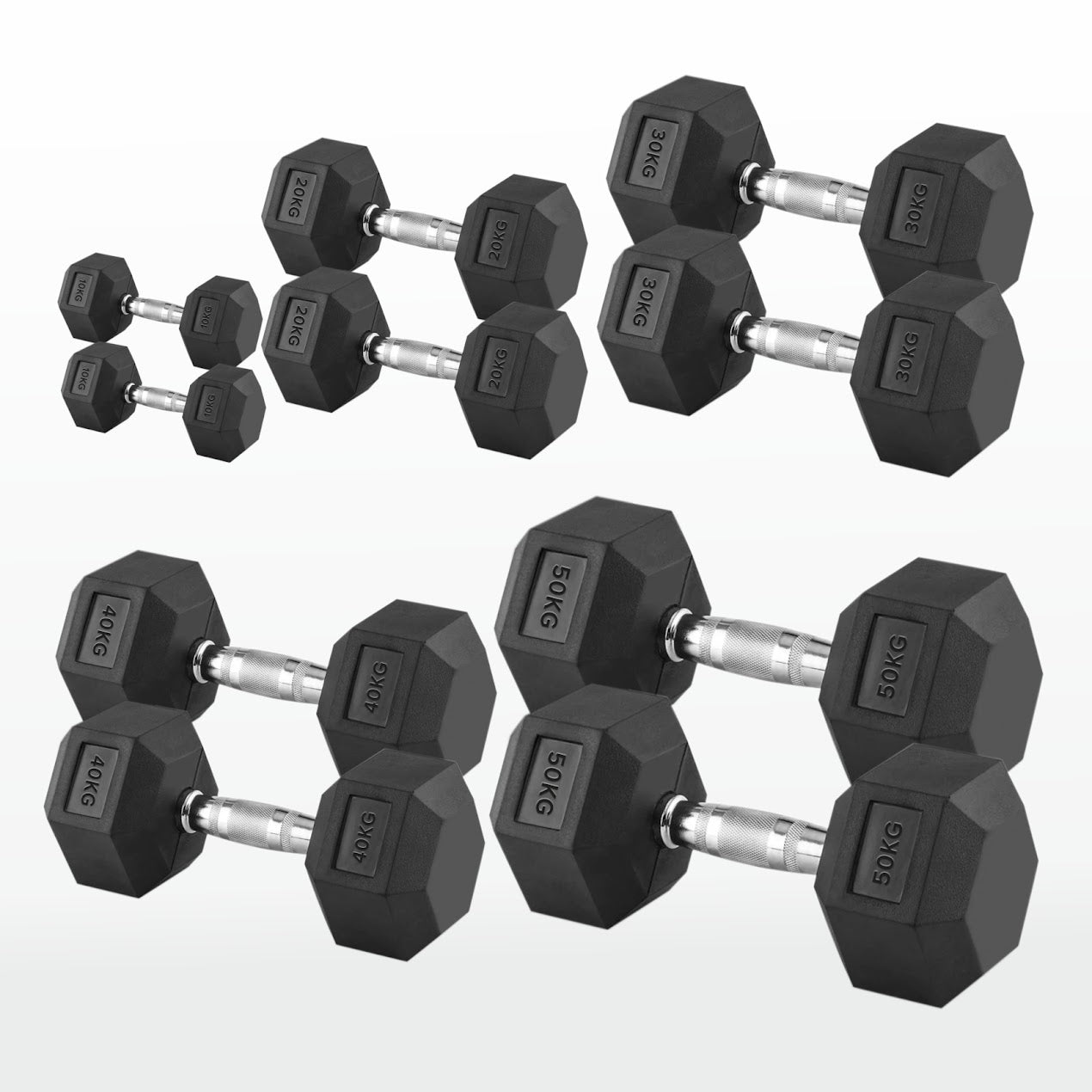 Hex Dumbbells Pairs & Sets (2.5kg–60kg) – Rubber-Coated, Anti-Roll, Steel Knurled Grip – Strength Training Weights for Home Gym or Studio