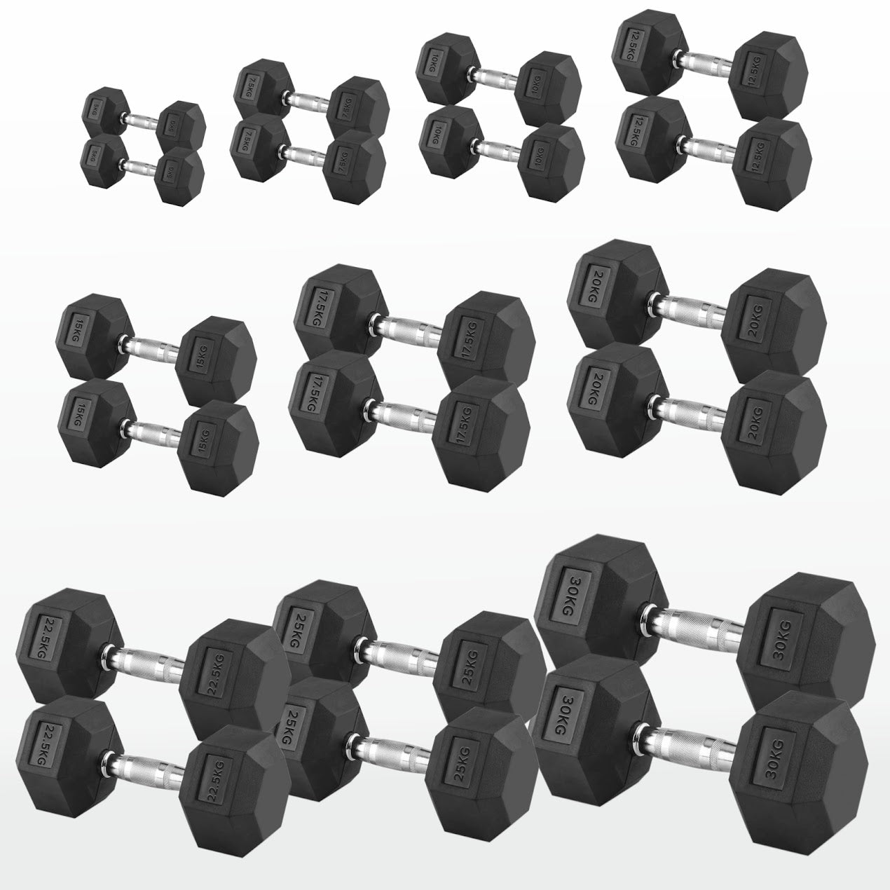 Hex Dumbbells Pairs & Sets (2.5kg–60kg) – Rubber-Coated, Anti-Roll, Steel Knurled Grip – Strength Training Weights for Home Gym or Studio