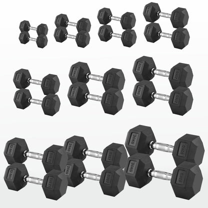 Hex Dumbbells Pairs & Sets (2.5kg–60kg) – Rubber-Coated, Anti-Roll, Steel Knurled Grip – Strength Training Weights for Home Gym or Studio