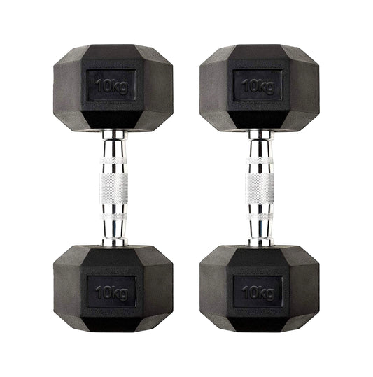 Sturdy Hex 10kg Dumbbell Set with Rubber Coating and Anti-Roll Design – Cast Iron Weights with Chrome Grip Handles for Home Strength Training & Workouts UK