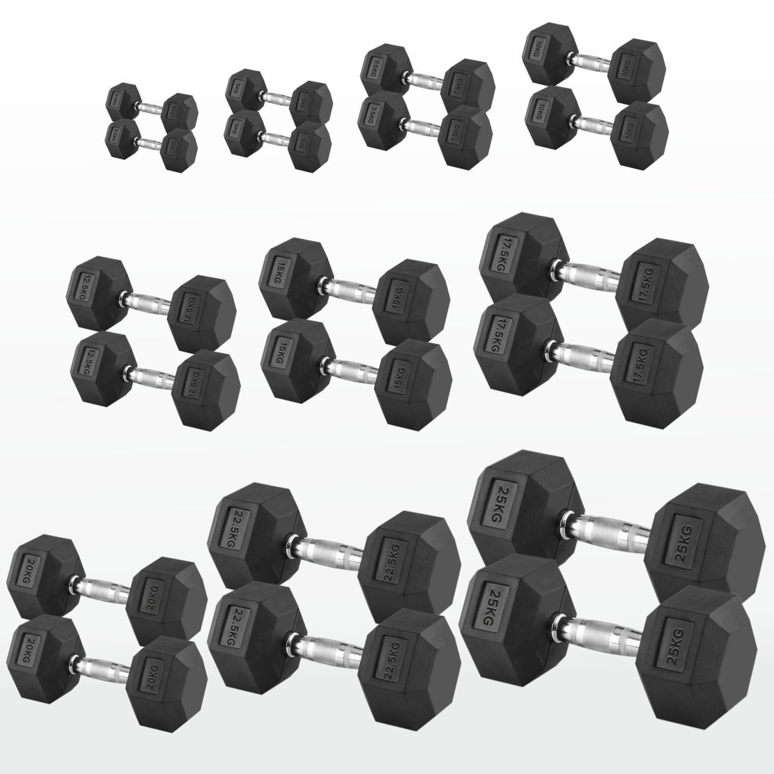 Hex Dumbbells Pairs & Sets (2.5kg–60kg) – Rubber-Coated, Anti-Roll, Steel Knurled Grip – Strength Training Weights for Home Gym or Studio
