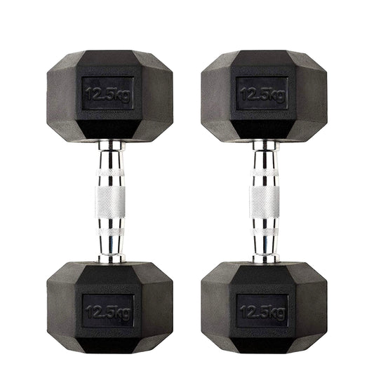 Heavy Duty Hex Dumbbell 12.5kg Pair – Solid Cast Iron, Rubber-Coated Anti-Roll Weights with Chrome Handles – 2 x 12.5kg Free Weights for Home Gym & Strength Training