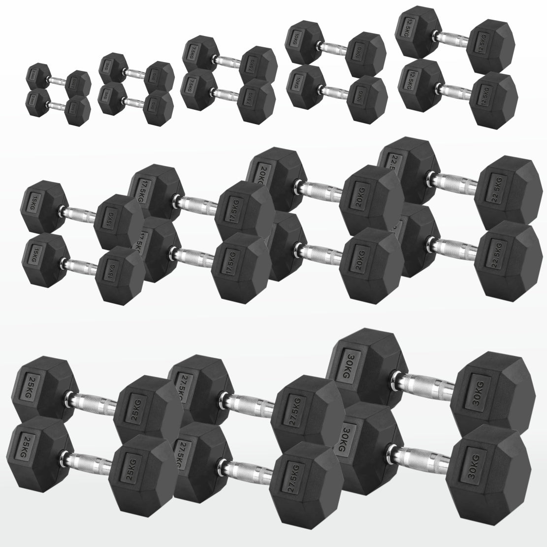 Hex Dumbbells Pairs & Sets (2.5kg–60kg) – Rubber-Coated, Anti-Roll, Steel Knurled Grip – Strength Training Weights for Home Gym or Studio