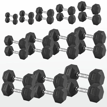 Hex Dumbbells Pairs & Sets (2.5kg–60kg) – Rubber-Coated, Anti-Roll, Steel Knurled Grip – Strength Training Weights for Home Gym or Studio