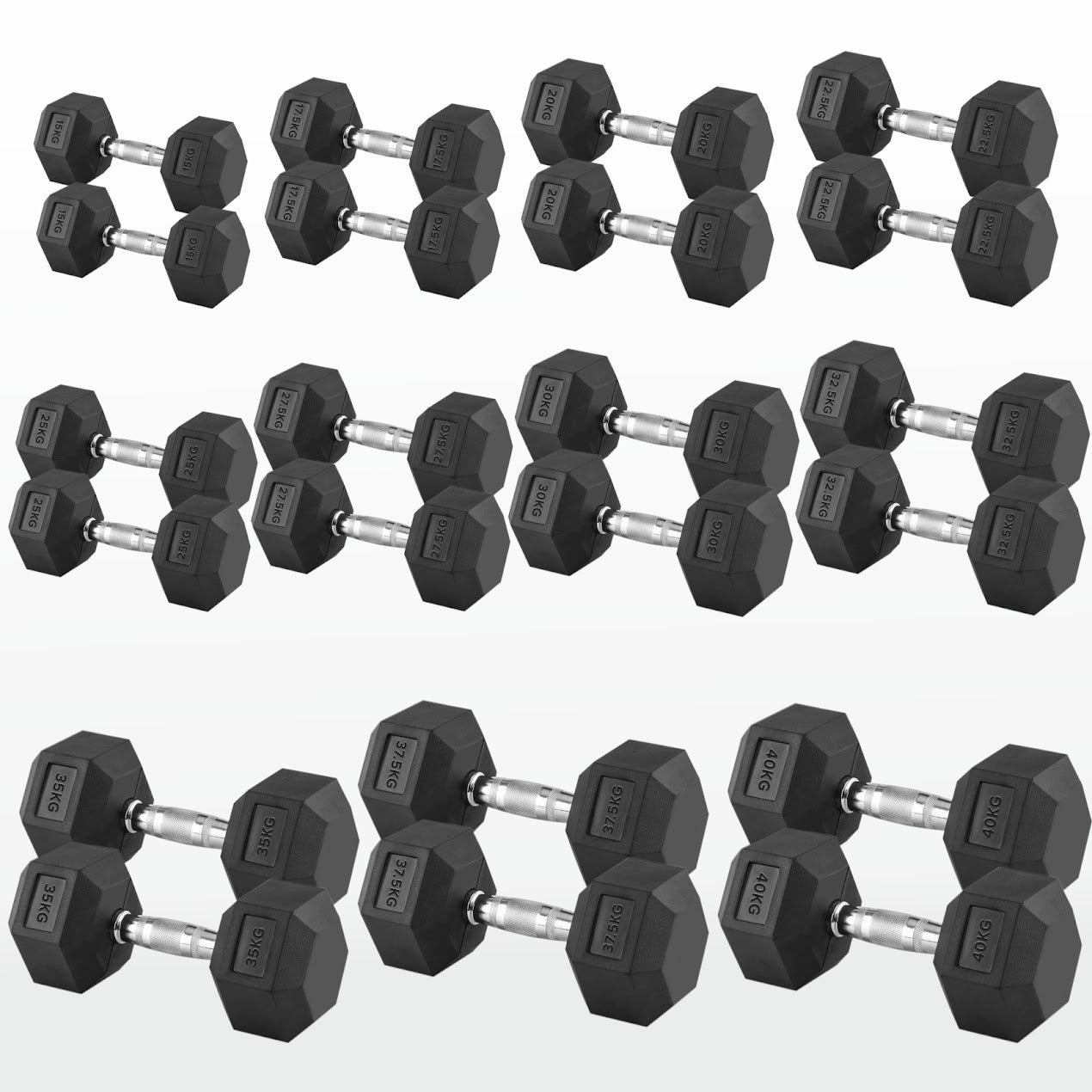 Hex Dumbbells Pairs & Sets (2.5kg–60kg) – Rubber-Coated, Anti-Roll, Steel Knurled Grip – Strength Training Weights for Home Gym or Studio