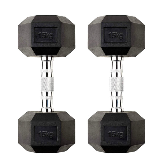 Hex Dumbbell Pair 15kg – Durable Rubber-Coated Cast Iron Weights with Anti-Roll Design – 2 x 15kg Dumbbells for Home Gym, Strength Training & Full-Body Workouts
