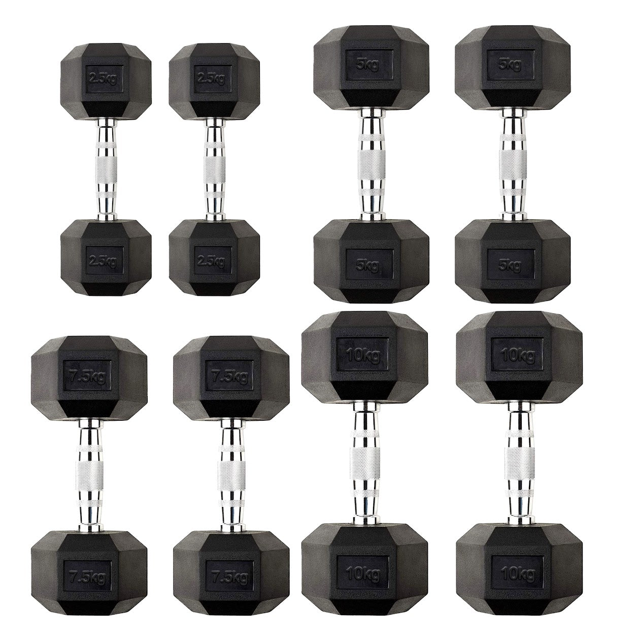 Hex Dumbbells Pairs & Sets (2.5kg–60kg) – Rubber-Coated, Anti-Roll, Steel Knurled Grip – Strength Training Weights for Home Gym or Studio