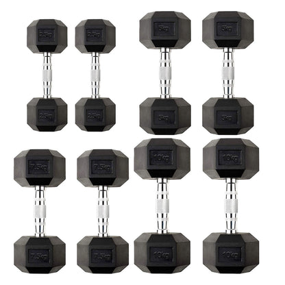 Hex Dumbbells Pairs & Sets (2.5kg–60kg) – Rubber-Coated, Anti-Roll, Steel Knurled Grip – Strength Training Weights for Home Gym or Studio