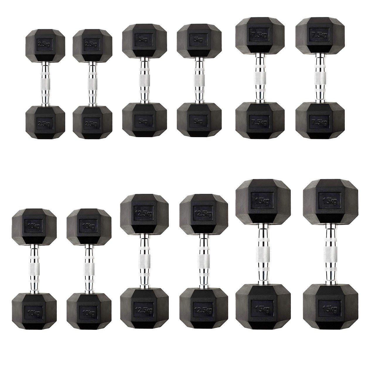 Hex Dumbbells Pairs & Sets (2.5kg–60kg) – Rubber-Coated, Anti-Roll, Steel Knurled Grip – Strength Training Weights for Home Gym or Studio