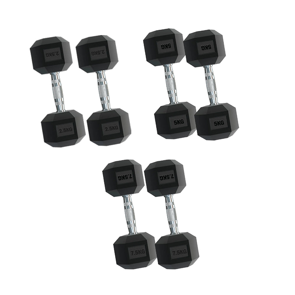 Premium Rubber Hex Dumbbell Set – 3 Pairs (2.5kg–15kg) with Optional 3 Tier Rack – Anti-Roll Weights & Chrome Grip for Compact Home Gym Strength Training