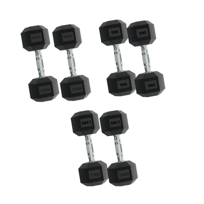 Premium Rubber Hex Dumbbell Set – 3 Pairs (2.5kg–15kg) with Optional 3 Tier Rack – Anti-Roll Weights & Chrome Grip for Compact Home Gym Strength Training