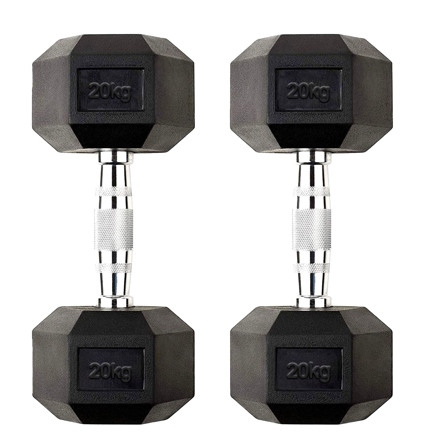 Durable Hex Dumbbell 20kg Pair – Rubber-Coated Cast Iron Weights with Anti-Roll Design & Textured Chrome Grip – 2 x 20kg Free Weights for Home & Studio Strength Training