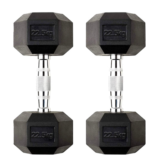 22.5kg Hex Dumbbells – Rubber-Coated Iron with Anti-Roll Design & Grip Steel Handles – 2 x 22.5kg for Home Strength Training