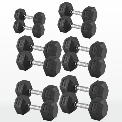 Hex Dumbbells Pairs & Sets (2.5kg–60kg) – Rubber-Coated, Anti-Roll, Steel Knurled Grip – Strength Training Weights for Home Gym or Studio