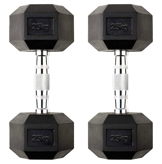 25kg Heavy Duty Hex Dumbbell Pair – Rubber-Coated Cast Iron Weights with Anti-Roll Design & Textured Steel Handles – 2 x 25kg for Heavy Strength Training & Home Gym
