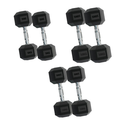 Premium Rubber Hex Dumbbell Set – 3 Pairs (2.5kg–15kg) with Optional 3 Tier Rack – Anti-Roll Weights & Chrome Grip for Compact Home Gym Strength Training