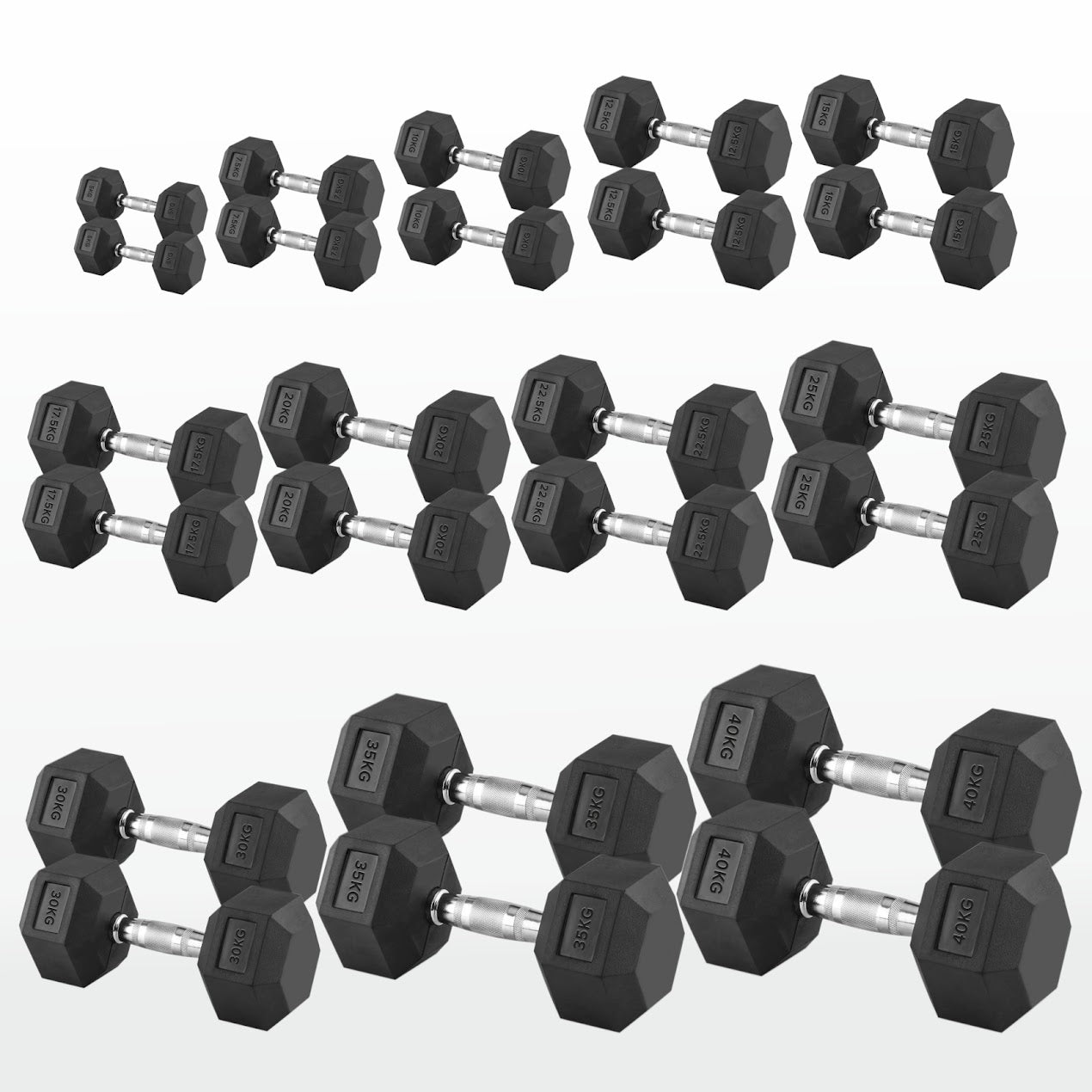 Hex Dumbbells Pairs & Sets (2.5kg–60kg) – Rubber-Coated, Anti-Roll, Steel Knurled Grip – Strength Training Weights for Home Gym or Studio