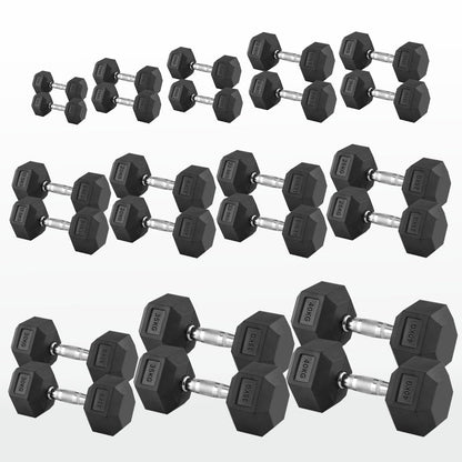 Hex Dumbbells Pairs & Sets (2.5kg–60kg) – Rubber-Coated, Anti-Roll, Steel Knurled Grip – Strength Training Weights for Home Gym or Studio