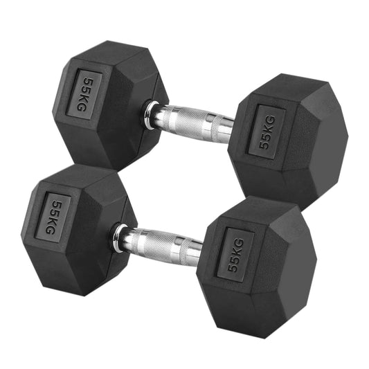 Heavy Duty 55kg Dumbbell Set – Pair of Fixed Hex Weights with Rubber-Coated Heads & Chrome Handles – 2 x 55kg for Home Gym & Intense Strength Workouts