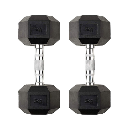 Heavy Duty Hex 5kg Dumbbells Pair – Rubber-Coated, Anti-Roll Free Weights with Chrome Handles for Home Strength Training UK