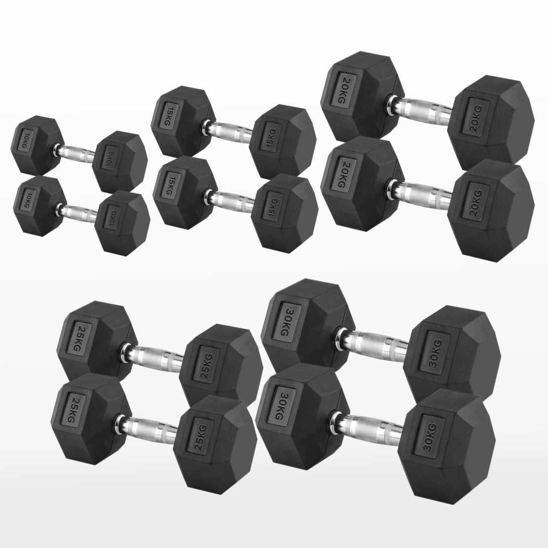 Hex Dumbbells Pairs & Sets (2.5kg–60kg) – Rubber-Coated, Anti-Roll, Steel Knurled Grip – Strength Training Weights for Home Gym or Studio