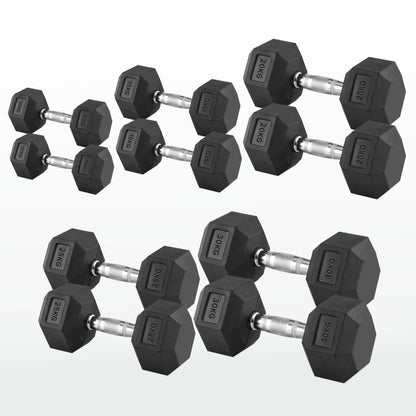 Hex Dumbbells Pairs & Sets (2.5kg–60kg) – Rubber-Coated, Anti-Roll, Steel Knurled Grip – Strength Training Weights for Home Gym or Studio