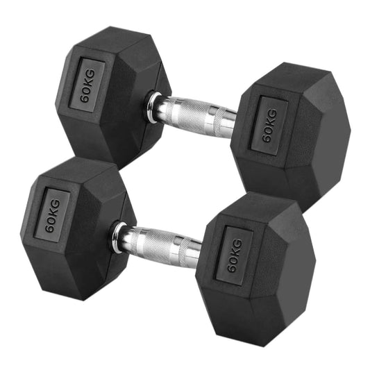 Pair of 60kg Hex Dumbbells – 2 x 60kg Weights with Rubber Coated Hex Heads & Chrome Handles for Advanced Strength Training in Home or Studio