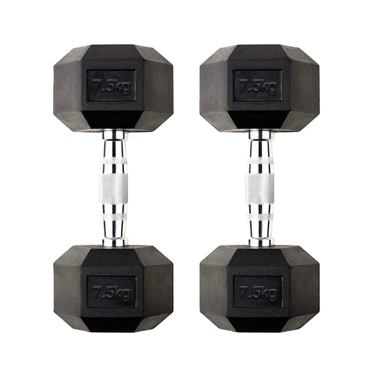 Upgrade Your Home Gym with a Pair of 7.5kg Hex Dumbbells — Rubber-Coated Heads, Chrome Handles, and Anti-Roll Design for Safe, Effective Strength Training UK