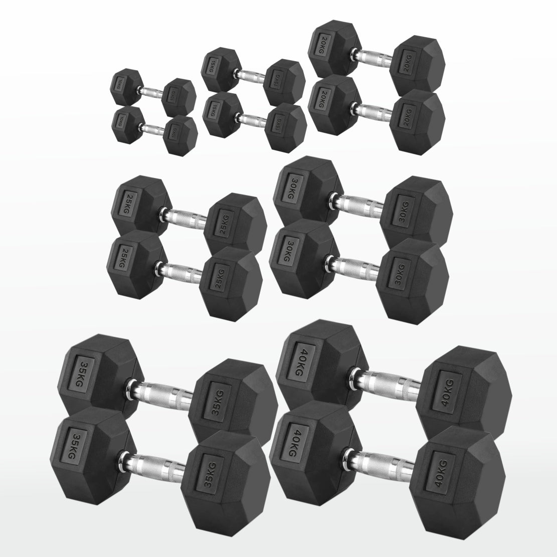 Hex Dumbbells Pairs & Sets (2.5kg–60kg) – Rubber-Coated, Anti-Roll, Steel Knurled Grip – Strength Training Weights for Home Gym or Studio