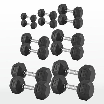Hex Dumbbells Pairs & Sets (2.5kg–60kg) – Rubber-Coated, Anti-Roll, Steel Knurled Grip – Strength Training Weights for Home Gym or Studio