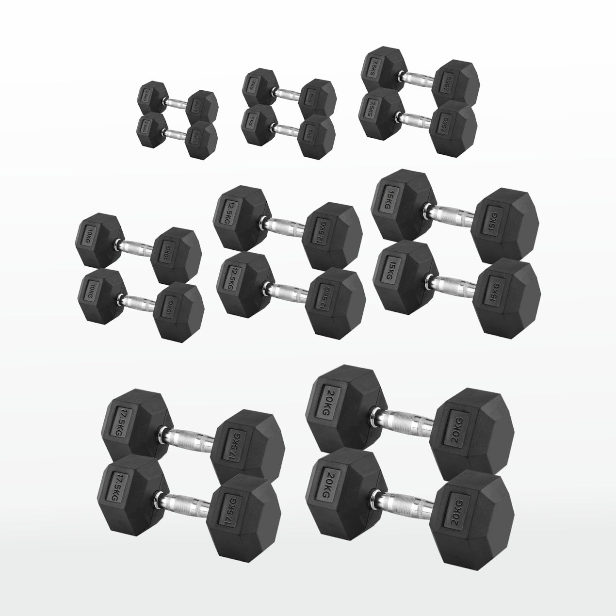 Hex Dumbbells Pairs & Sets (2.5kg–60kg) – Rubber-Coated, Anti-Roll, Steel Knurled Grip – Strength Training Weights for Home Gym or Studio