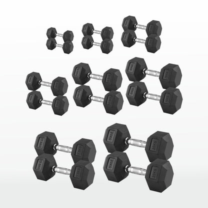 Hex Dumbbells Pairs & Sets (2.5kg–60kg) – Rubber-Coated, Anti-Roll, Steel Knurled Grip – Strength Training Weights for Home Gym or Studio