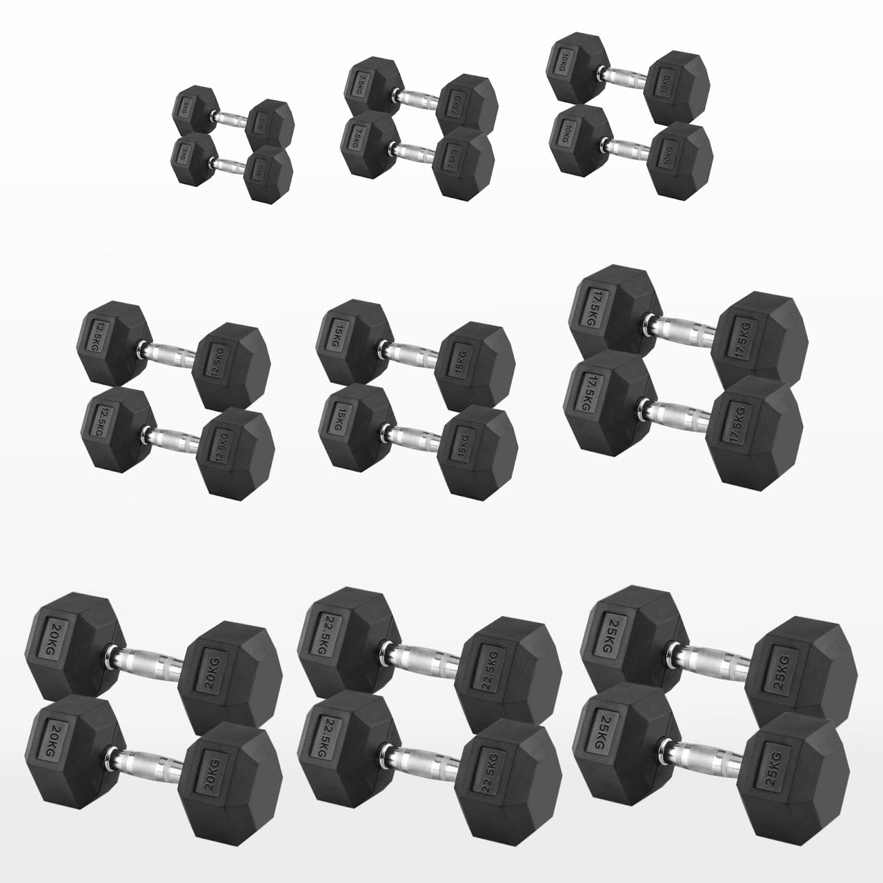 Hex Dumbbells Pairs & Sets (2.5kg–60kg) – Rubber-Coated, Anti-Roll, Steel Knurled Grip – Strength Training Weights for Home Gym or Studio