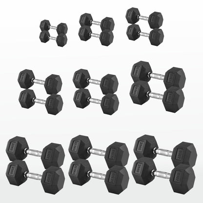 Hex Dumbbells Pairs & Sets (2.5kg–60kg) – Rubber-Coated, Anti-Roll, Steel Knurled Grip – Strength Training Weights for Home Gym or Studio