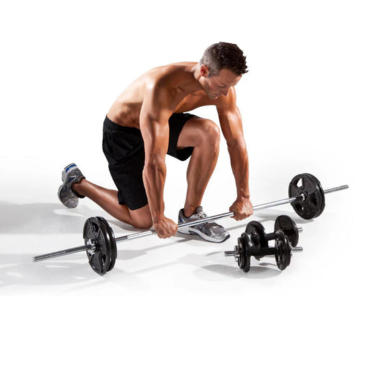 Man lifting a barbell on a white background