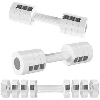 Pair of adjustable dumbbells with weight attachments on a white background