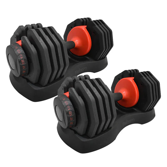 Pair of adjustable dumbbells with red accents on a white background