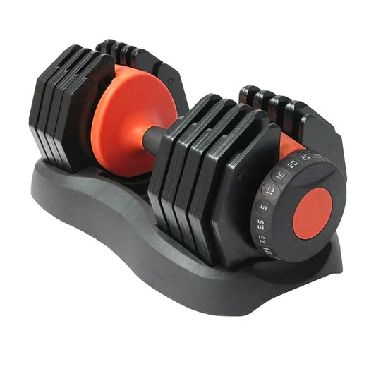Pair of adjustable dumbbells on a white background
